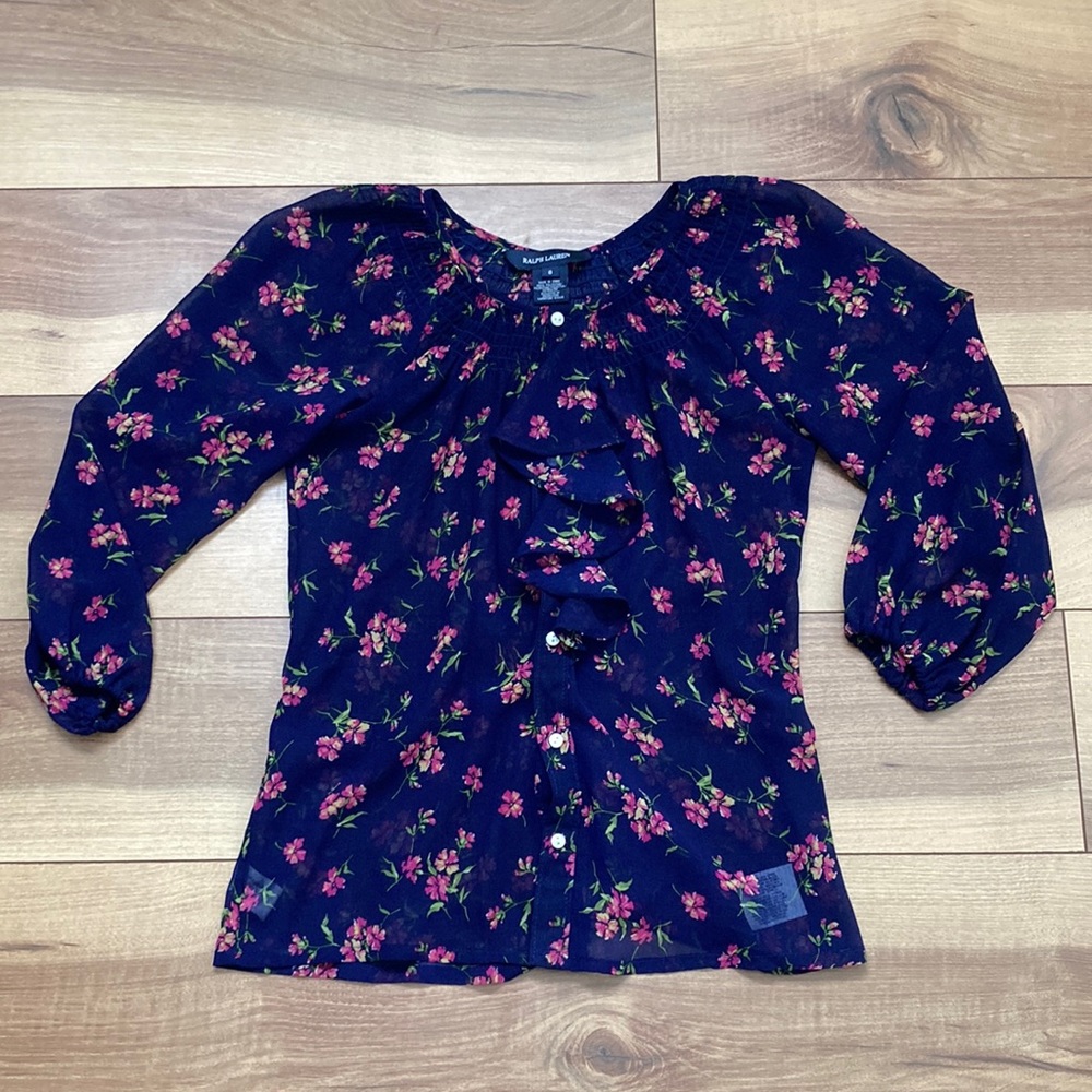 Ralph Lauren sheer floral patterned blouse. Size 8